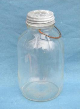 vintage 2 qt storage jar or canister w/zinc metal cap and wire handle