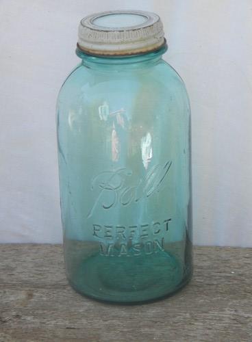 vintage 2 quart blue glass Ball storage canister jar w/milk glass cap