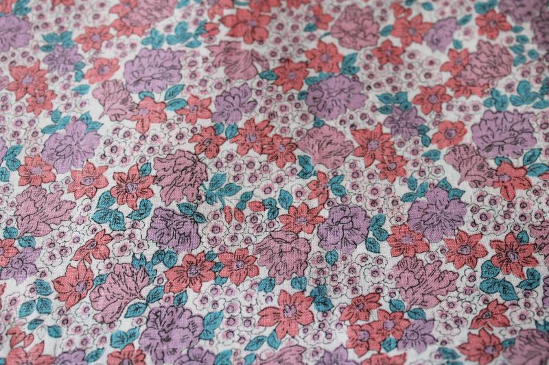 vintage 36 inch wide cotton fabric, floral print in coral, lavender, teal green