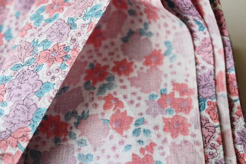 vintage 36 inch wide cotton fabric, floral print in coral, lavender, teal green