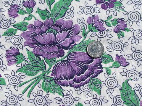 vintage 36in wide cotton fabric, big purple flowers