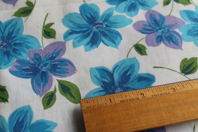 vintage 36 wide cotton fabric w/ blue & purple violets, large scale floral print
