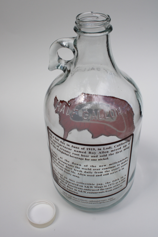 vintage A&W root beer collectors bottle, 5th in series old ad graphics half gallon jug