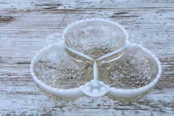vintage AH moonstone opalescent hobnail glass relish dish, three section bowl w/ clover shape
