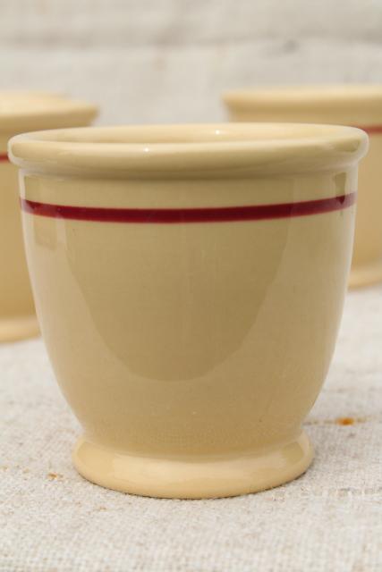 vintage Adobe Ware tan Syracuse china, ironstone custard cup bowls w/ red band