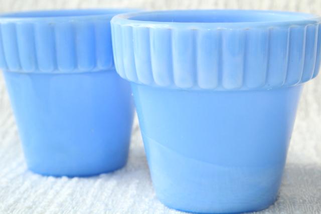 vintage Akro Agate glass tiny planter flower pots, sky blue milk glass