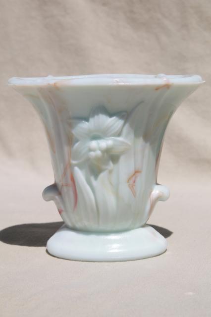 vintage Akro Agate lily daffodil pattern glass vases in carmel slag glass 