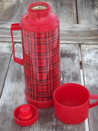 vintage Aladdin red plaid thermos bottle for camping, picnics