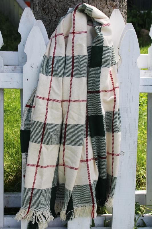 vintage Amana blanket, woven cotton plaid throw rustic Christmas green, red, cream