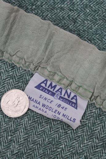 vintage Amana label herringbone wool blanket, travel size throw, car or camp blanket