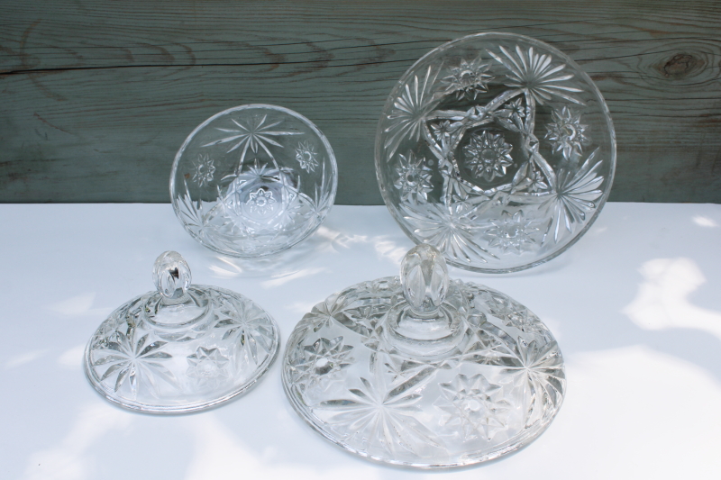vintage Anchor Hocking EAPC Prescut star pattern pressed glass large  small candy dishes