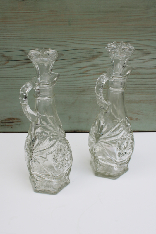 vintage Anchor Hocking EAPC Prescut star pressed glass cruet bottle set, pitchers w/ stoppers