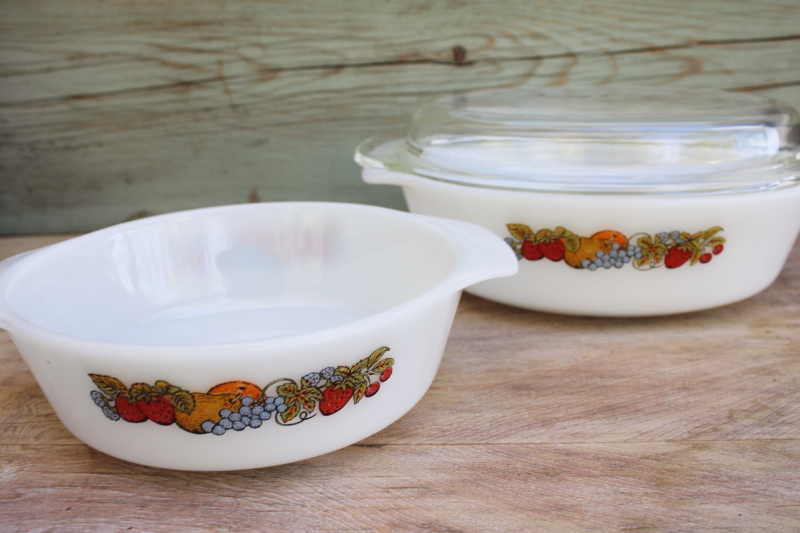 vintage Anchor Hocking Fire King milk glass casseroles, colorful fruit pattern
