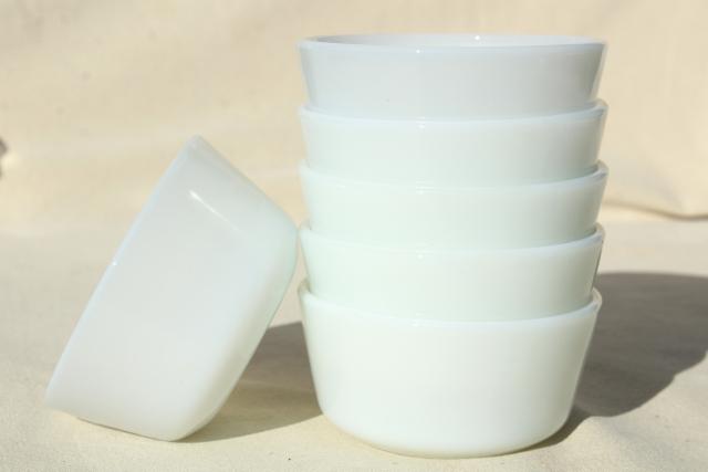 vintage Anchor Hocking Fire King milk glass custard cups or ramekins, tiny bowl baking dishes