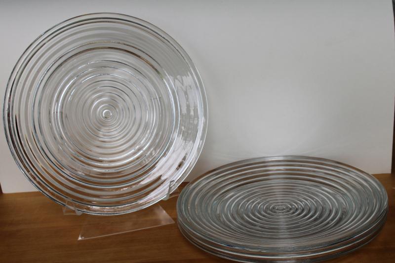 vintage Anchor Hocking Manhattan depression glass dinner plates, stacked rings pattern