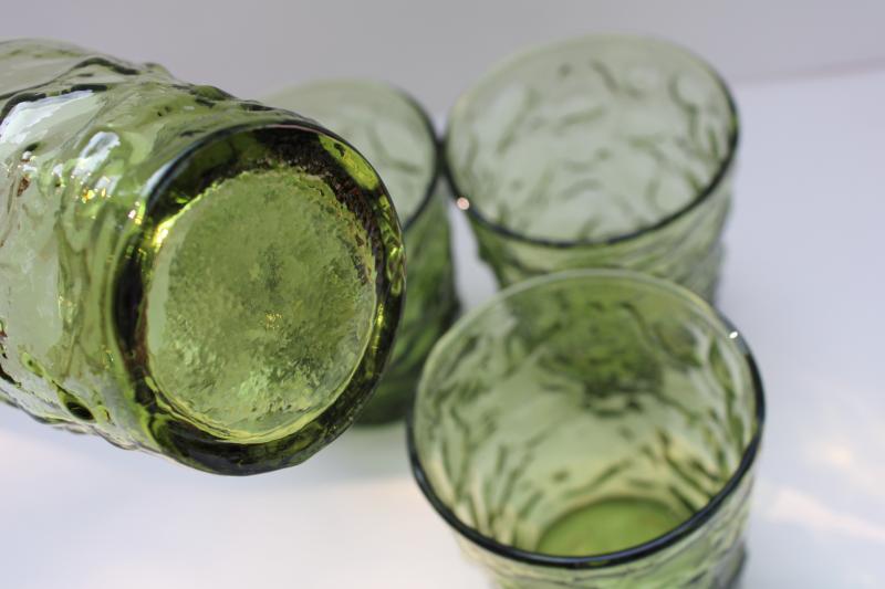 vintage Anchor Hocking Milano crinkle textured glass lowballs, avocado green