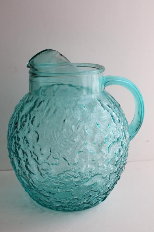 vintage Anchor Hocking Milano crinkle textured glass pitcher, icy aqua blue color