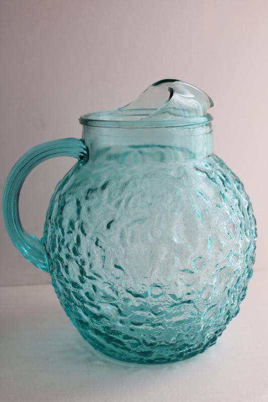 vintage Anchor Hocking Milano crinkle textured glass pitcher, icy aqua blue color