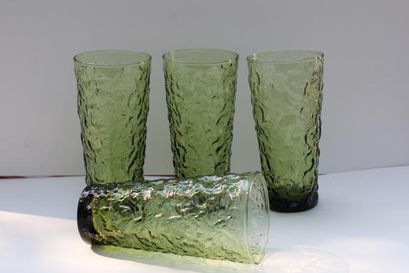 vintage Anchor Hocking Milano crinkle textured glass tall tumblers, avocado green