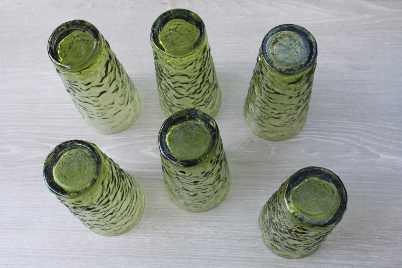 vintage Anchor Hocking Milano crinkle textured glass tall tumblers, avocado green