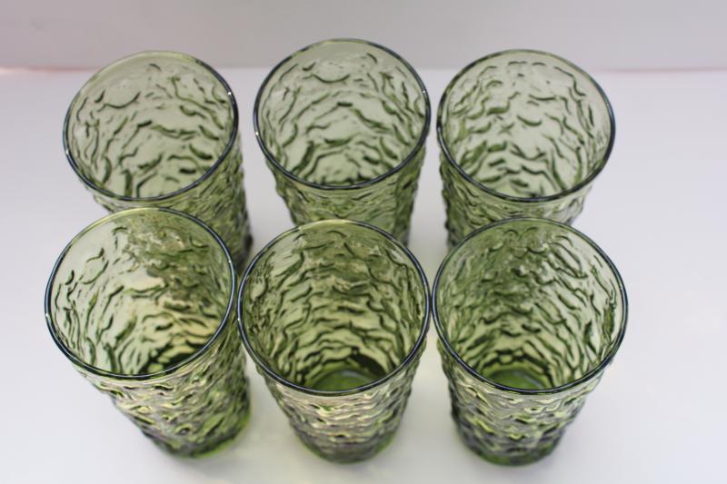vintage Anchor Hocking Milano crinkle textured glass tumblers, avocado green