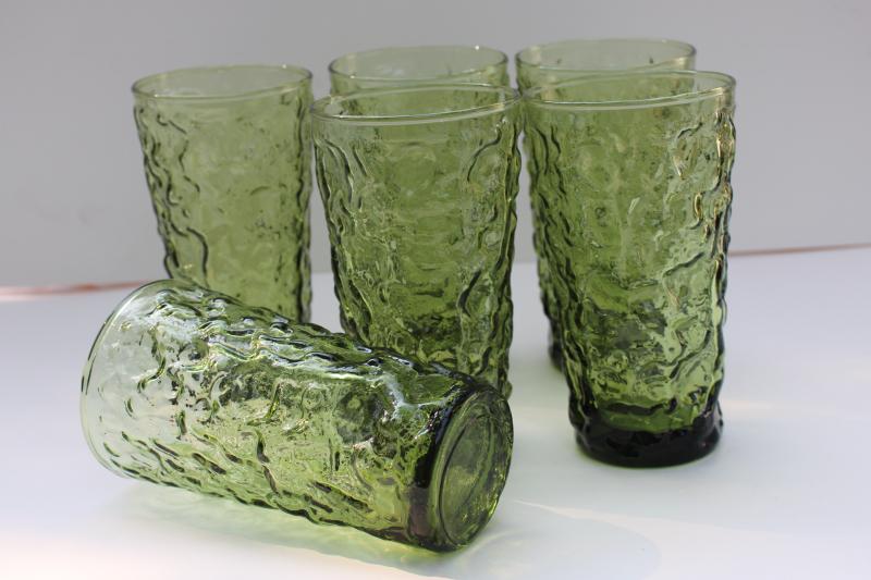 vintage Anchor Hocking Milano crinkle textured glass tumblers, avocado green