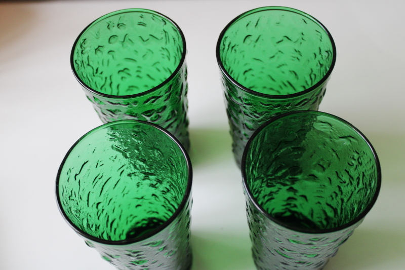 vintage Anchor Hocking Milano textured glass drinking glasses, forest green tumblers