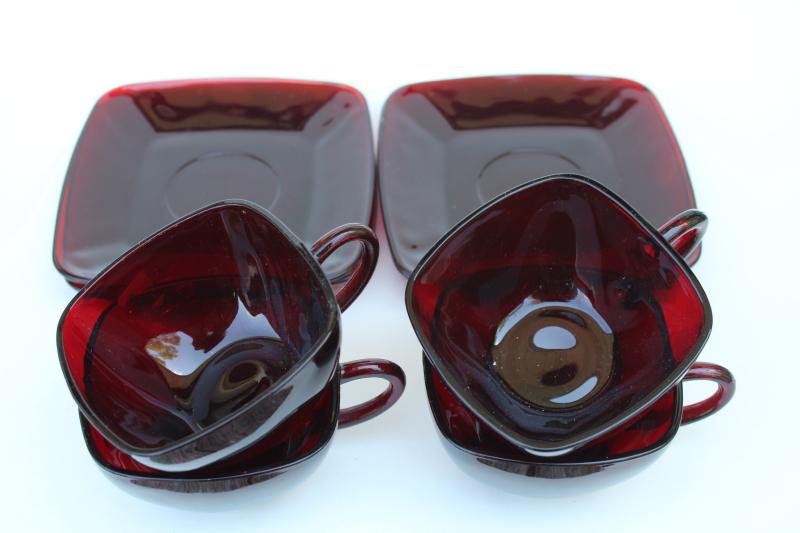 vintage Anchor Hocking Royal Ruby red glass Charm square cups & saucers set of 4