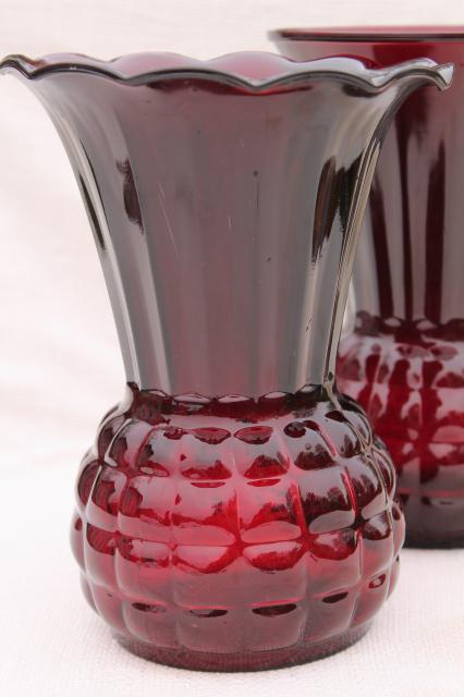 vintage Anchor Hocking Royal Ruby red glass vases - large flower vase crimped & plain