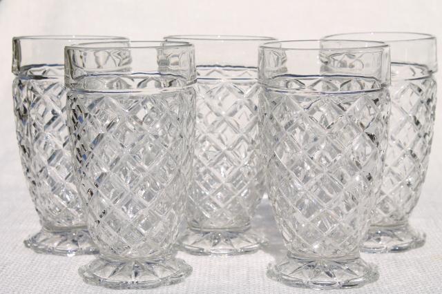 vintage Anchor Hocking Waterford waffle pattern glass drinking glasses, footed tumblers