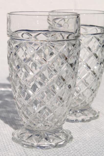 vintage Anchor Hocking Waterford waffle pattern glass drinking glasses, footed tumblers