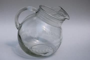 vintage Anchor Hocking ball jug pitcher, clear glass w/ wheel cut etched laurel band