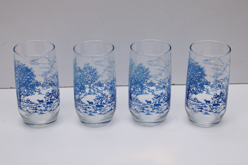 vintage Anchor Hocking blue ombre print glass tumblers, Currier Ives farm scene pattern