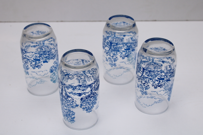 vintage Anchor Hocking blue ombre print glass tumblers, Currier Ives farm scene pattern