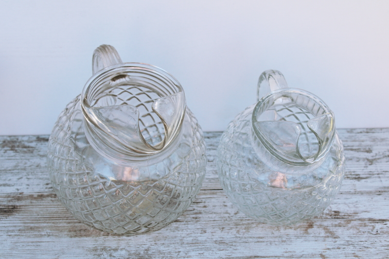 vintage Anchor Hocking clear glass pitchers, large  small ball pitcher Waterford waffle pattern glass