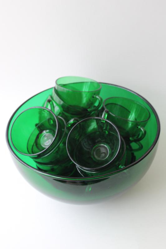 vintage Anchor Hocking forest green glass Christmas punch set, bowl w/ stand, 12 cups