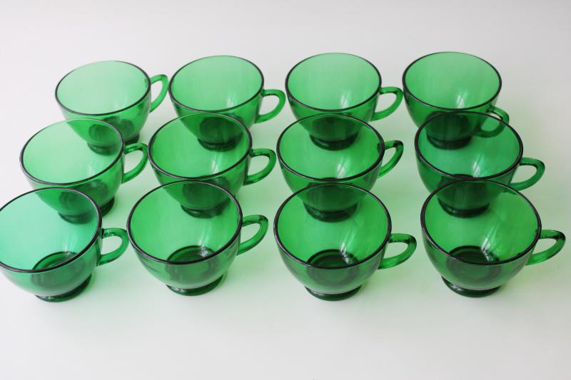 vintage Anchor Hocking forest green glass Christmas punch set, bowl w/ stand, 12 cups