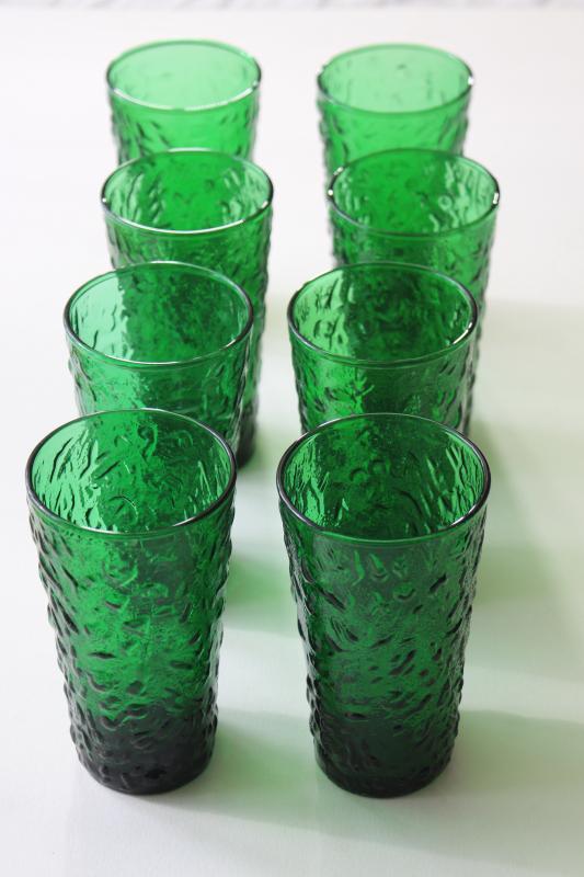 vintage Anchor Hocking forest green glass, Lido crinkle pattern pitcher & drinking glasses
