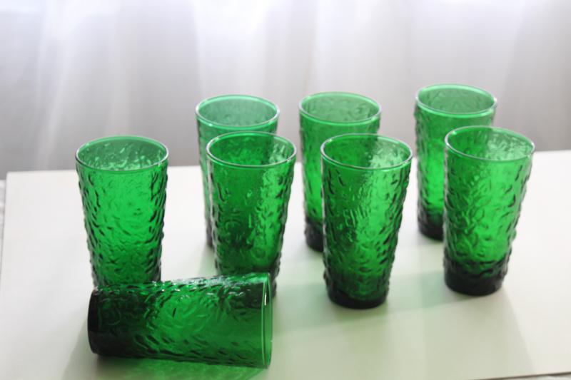 vintage Anchor Hocking forest green glass, Lido crinkle pattern pitcher & drinking glasses