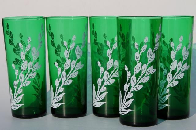 vintage Anchor Hocking forest green glassware, white pussy willow pattern glass tall tumblers