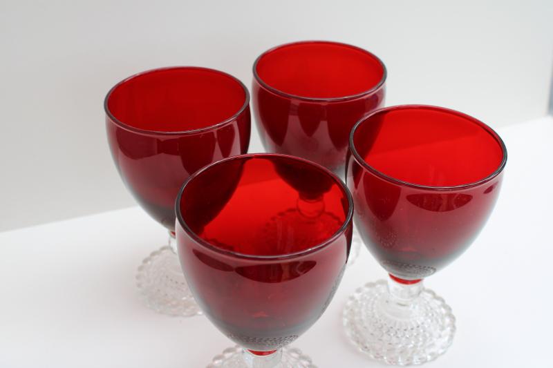 vintage Anchor Hocking glass Royal ruby red / clear bubble foot water or wine glasses