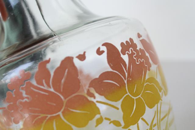 vintage Anchor Hocking glass fridge bottle, swanky swigs juice carafe pink daffodils