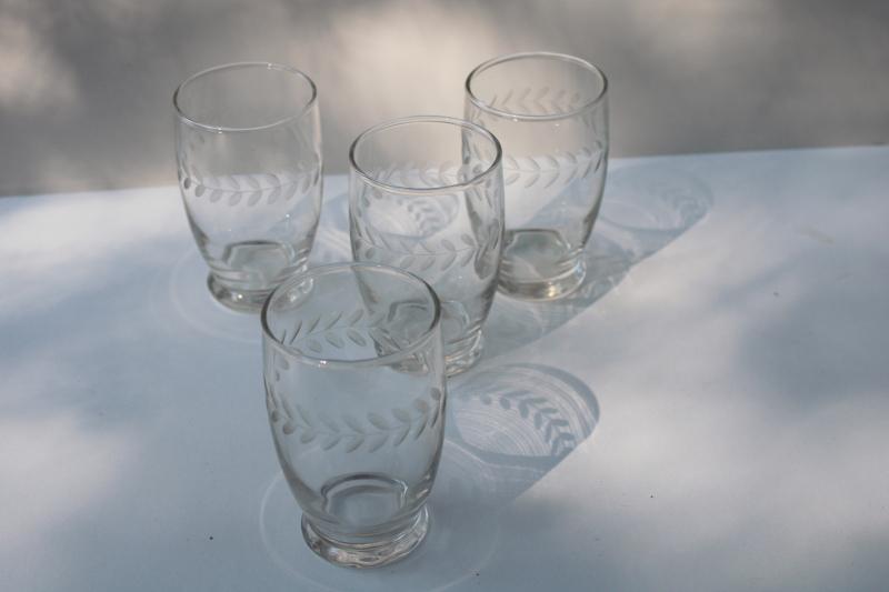 vintage Anchor Hocking glass laurel etch wheel cut footed tumblers, crystal clear
