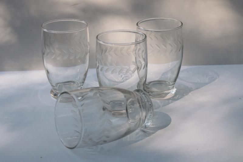 vintage Anchor Hocking glass laurel etch wheel cut footed tumblers, crystal clear