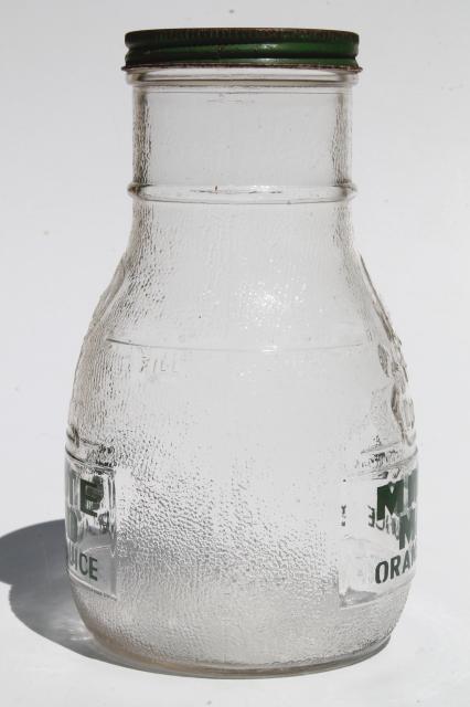2 Vintage Anchor Hocking Embossed Glass Juice Refrigerator Bottles