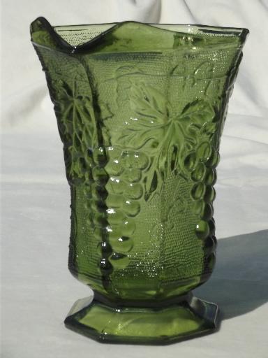 vintage Anchor Hocking green glass grapes pattern pitcher, AH paneled grape