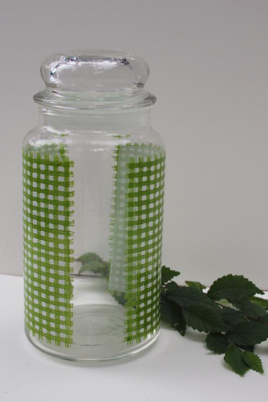 vintage Anchor Hocking green & white gingham checks glass canister jar