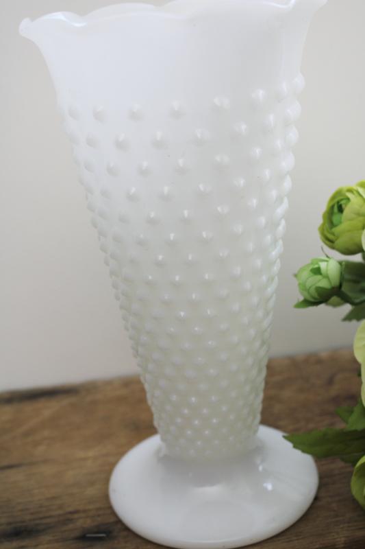 vintage Anchor Hocking hobnail pattern milk glass vase, crimped trumpet shape