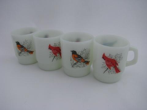 vintage Anchor Hocking oven proof kitchen glass coffee mugs, cups w/ song birds
