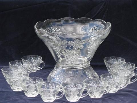vintage Anchor Hocking punch bowl set w/ stand and cups, grape design